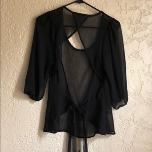 Silky black translucent top long sleeve ties back